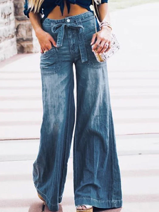 Vintage Lace-up Washed Denim Wide Leg Pants