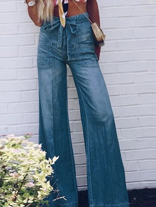 Vintage Lace-up Washed Denim Wide Leg Pants