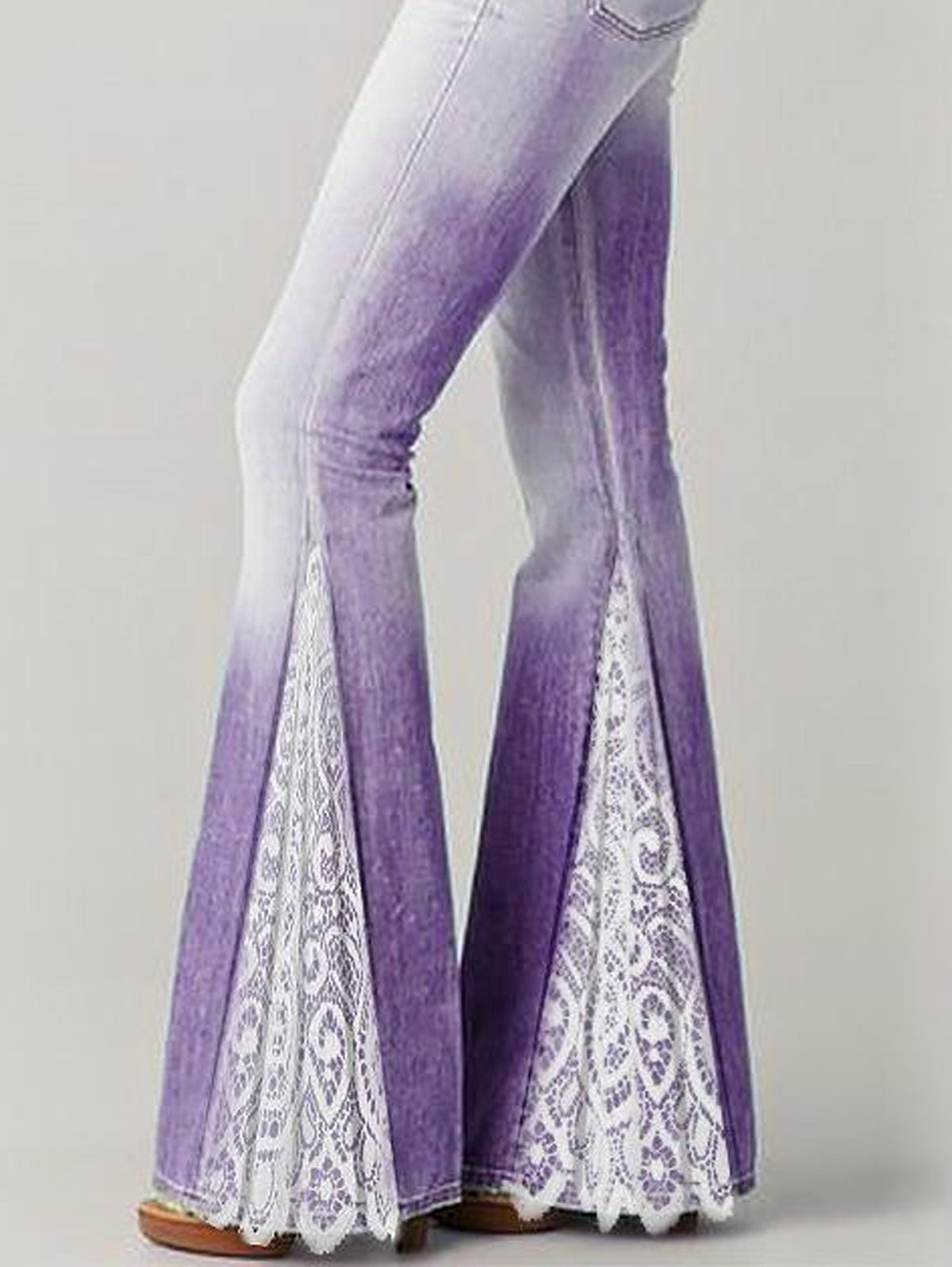 Elegant Purple Ombre Print Gradient Lace Panels With Ruffles Flare leg