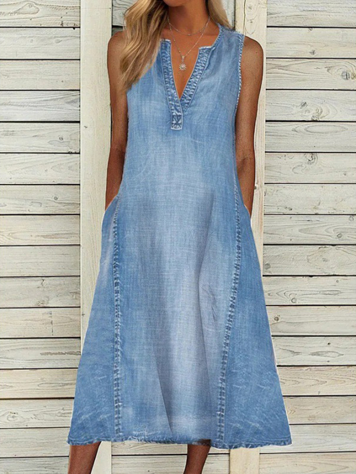 Casual Deep V Neck Sleeveless Denim Dress With Pocket