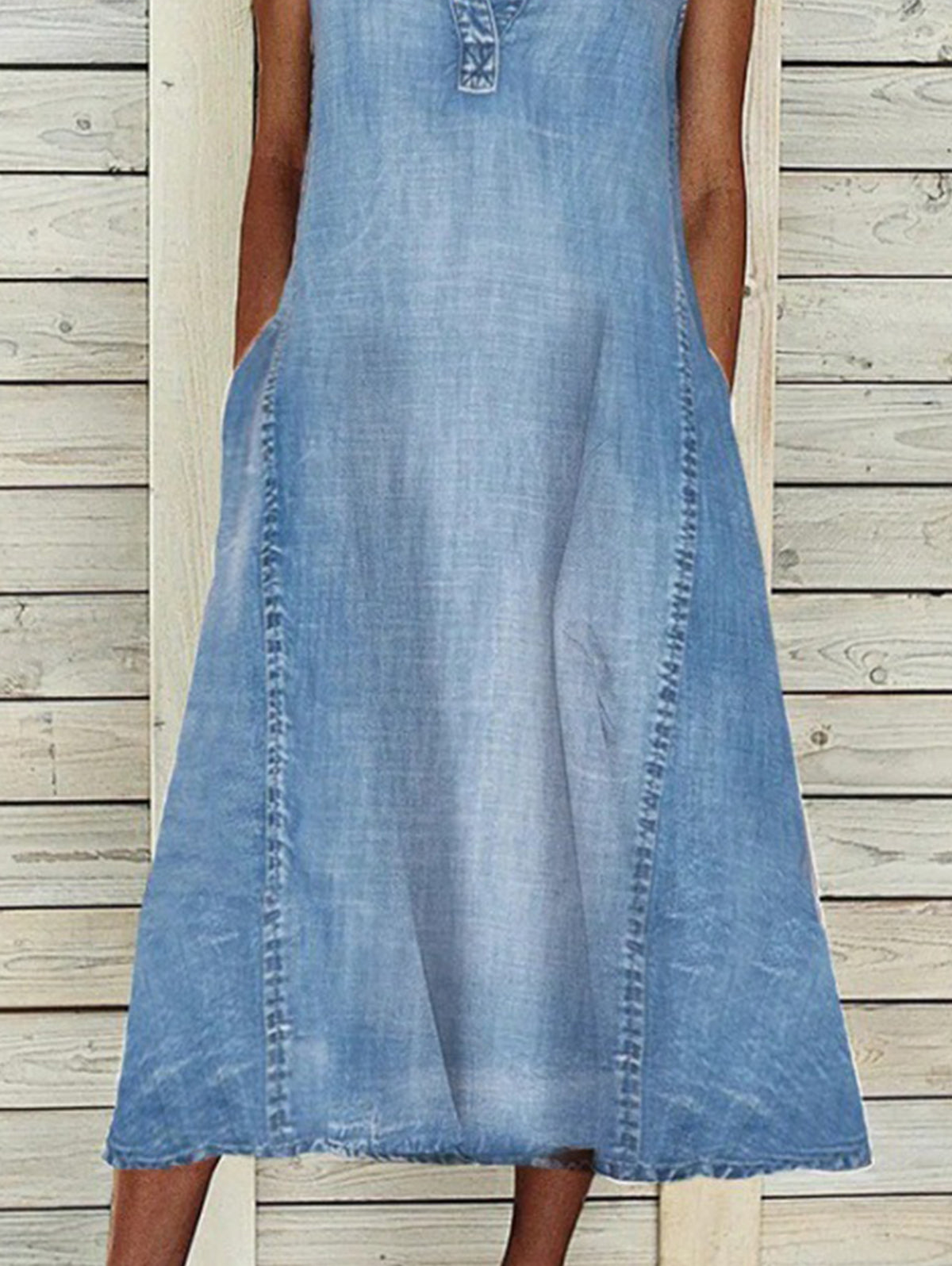 Casual Deep V Neck Sleeveless Denim Dress With Pocket