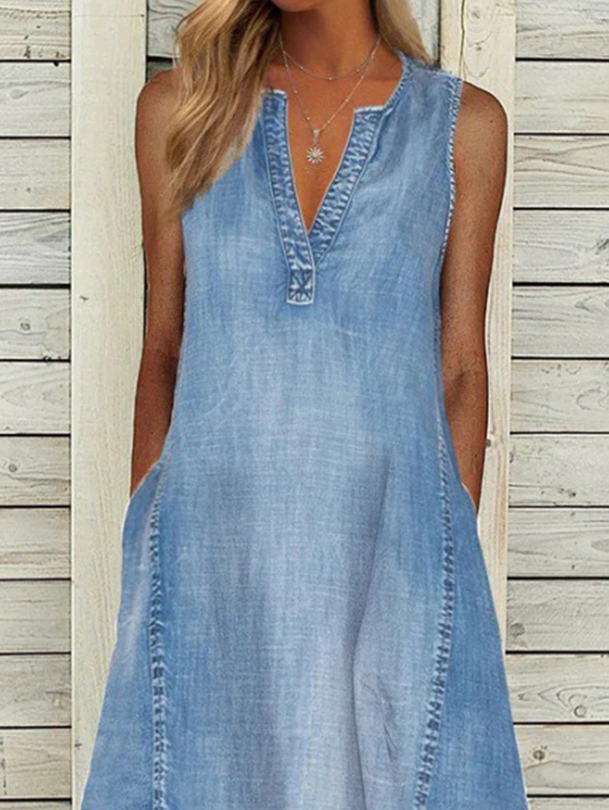 Casual Deep V Neck Sleeveless Denim Dress With Pocket