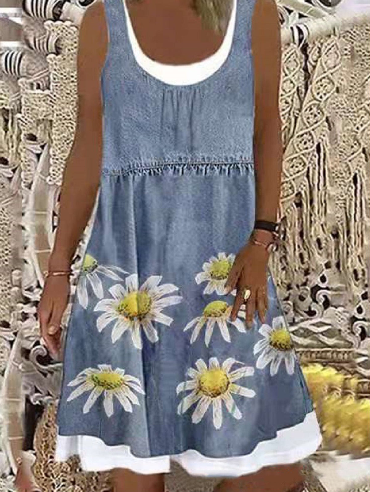 Casual Fake Two Pieces Sleeveless Denim Midi Dress