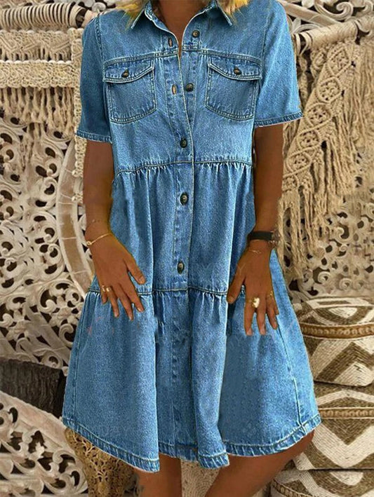 Casual Lapel Collar Short Sleeve Denim Midi Dress