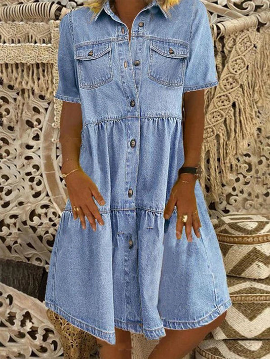 Casual Lapel Collar Short Sleeve Denim Midi Dress