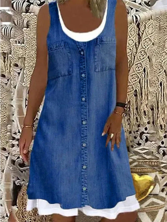 Casual Fake Two Pieces Sleeveless Denim Midi Dress