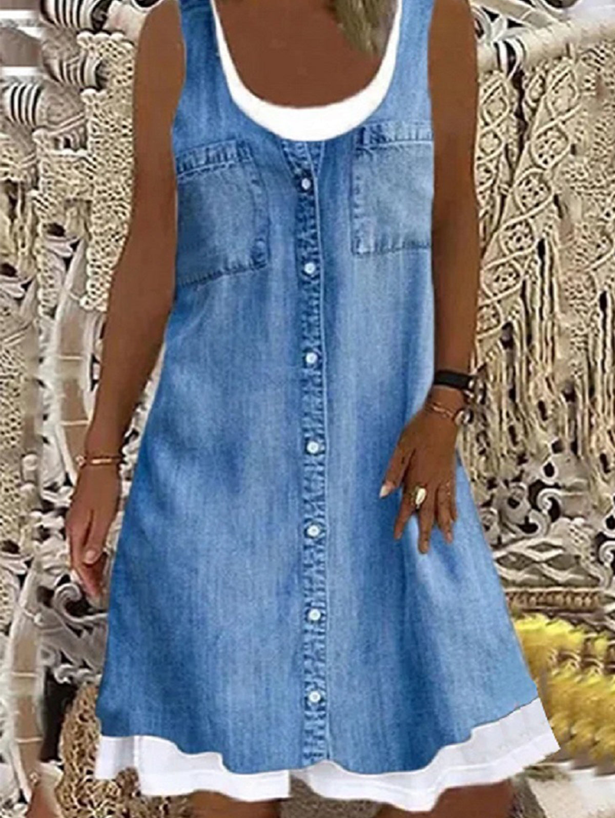 Casual Fake Two Pieces Sleeveless Denim Midi Dress