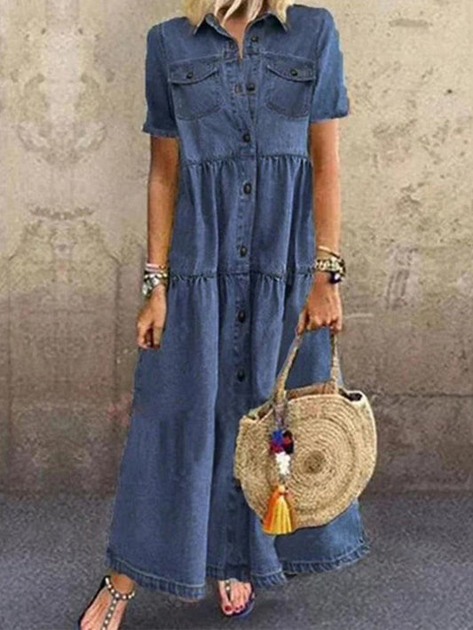 Casual Navy Lapel Collar Short Sleeve Denim Maxi Dress