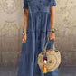 Casual Navy Lapel Collar Short Sleeve Denim Maxi Dress