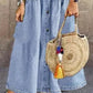 Casual Navy Lapel Collar Short Sleeve Denim Maxi Dress