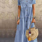 Casual Navy Lapel Collar Short Sleeve Denim Maxi Dress