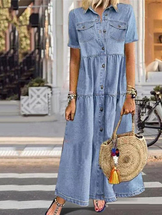 Casual Navy Lapel Collar Short Sleeve Denim Maxi Dress