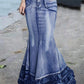 Casual Plain Spliced Mermaid Hem Denim Skirt
