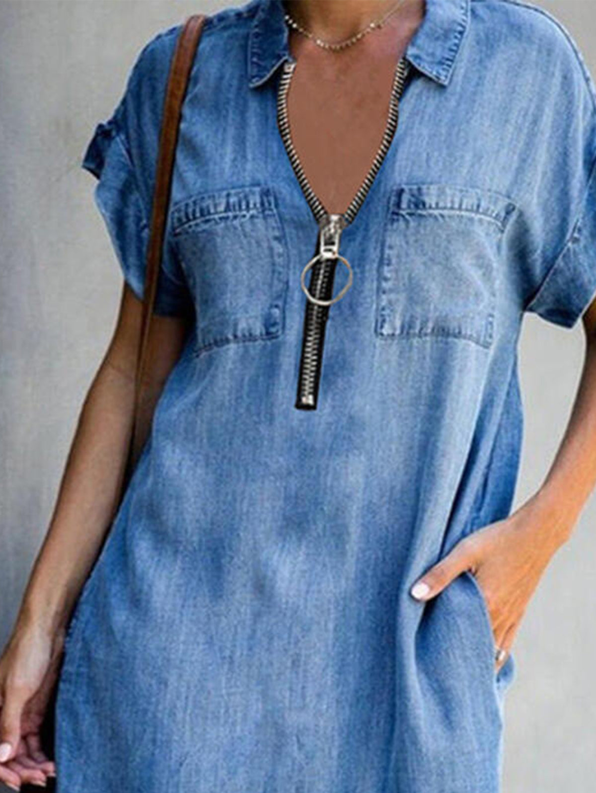 Casual Lapel Collar Half Zipper Short Sleeve Loose Midi Dress