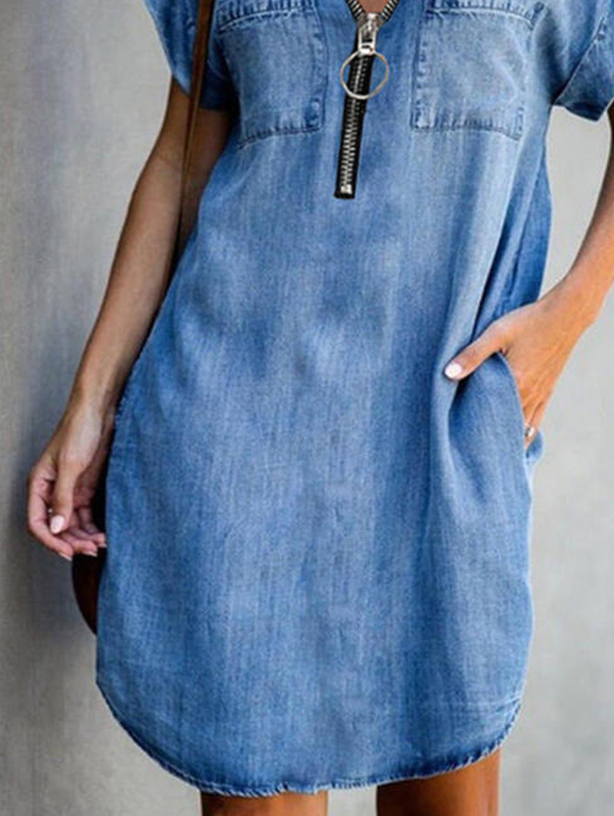 Casual Lapel Collar Half Zipper Short Sleeve Loose Midi Dress