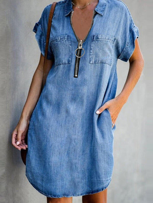 Casual Lapel Collar Half Zipper Short Sleeve Loose Midi Dress