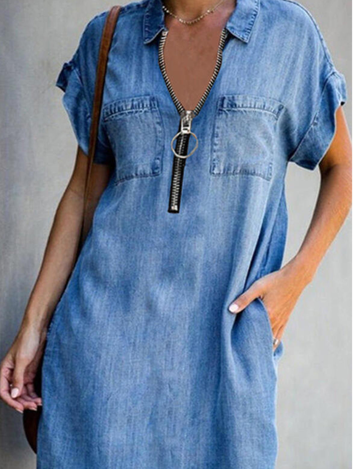 Casual Lapel Collar Half Zipper Short Sleeve Loose Midi Dress