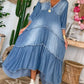 Casual Plain V Neck Light Washed Fringed Hi-Low Denim Dress