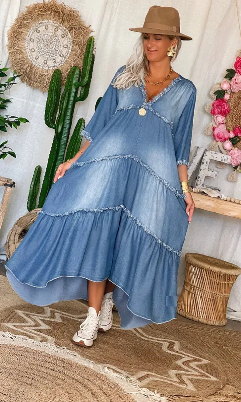 Casual Plain V Neck Light Washed Fringed Hi-Low Denim Dress