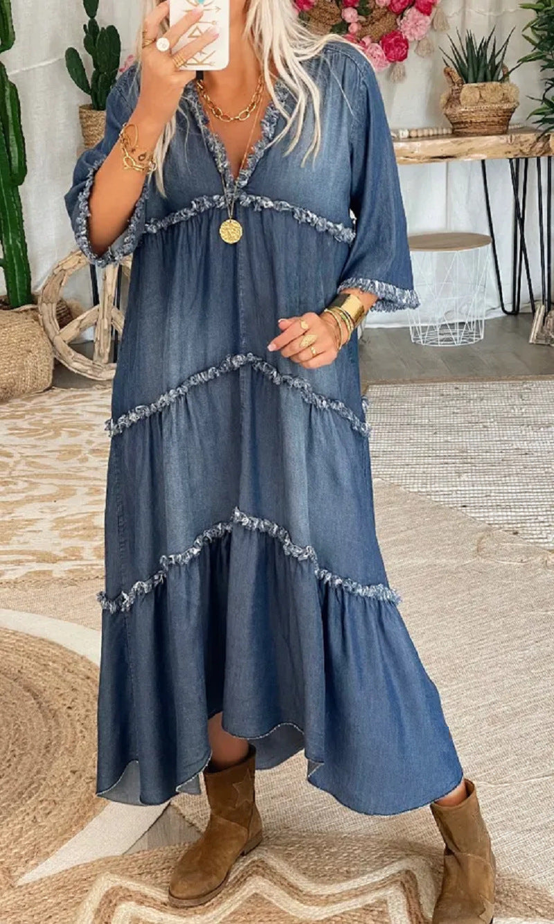 Casual Plain V Neck Light Washed Fringed Hi-Low Denim Dress