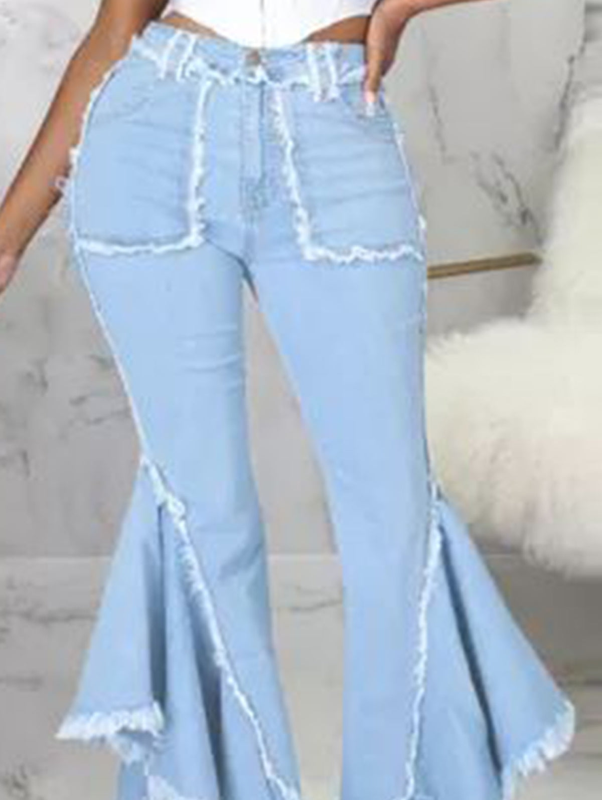 Sexy Plain Light Washed Spliced Flare Leg Slim Fit Jeans