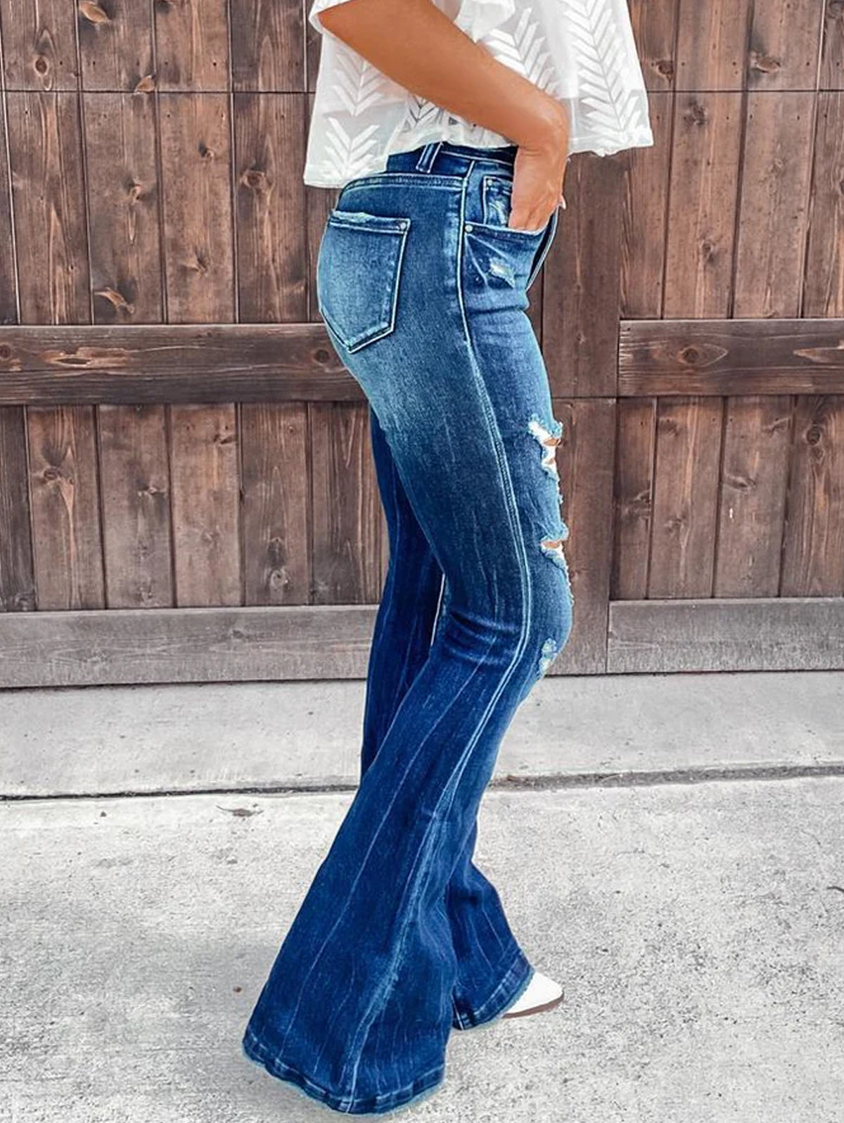 Casual Plain Ripped Flare Leg Skinny Jeans