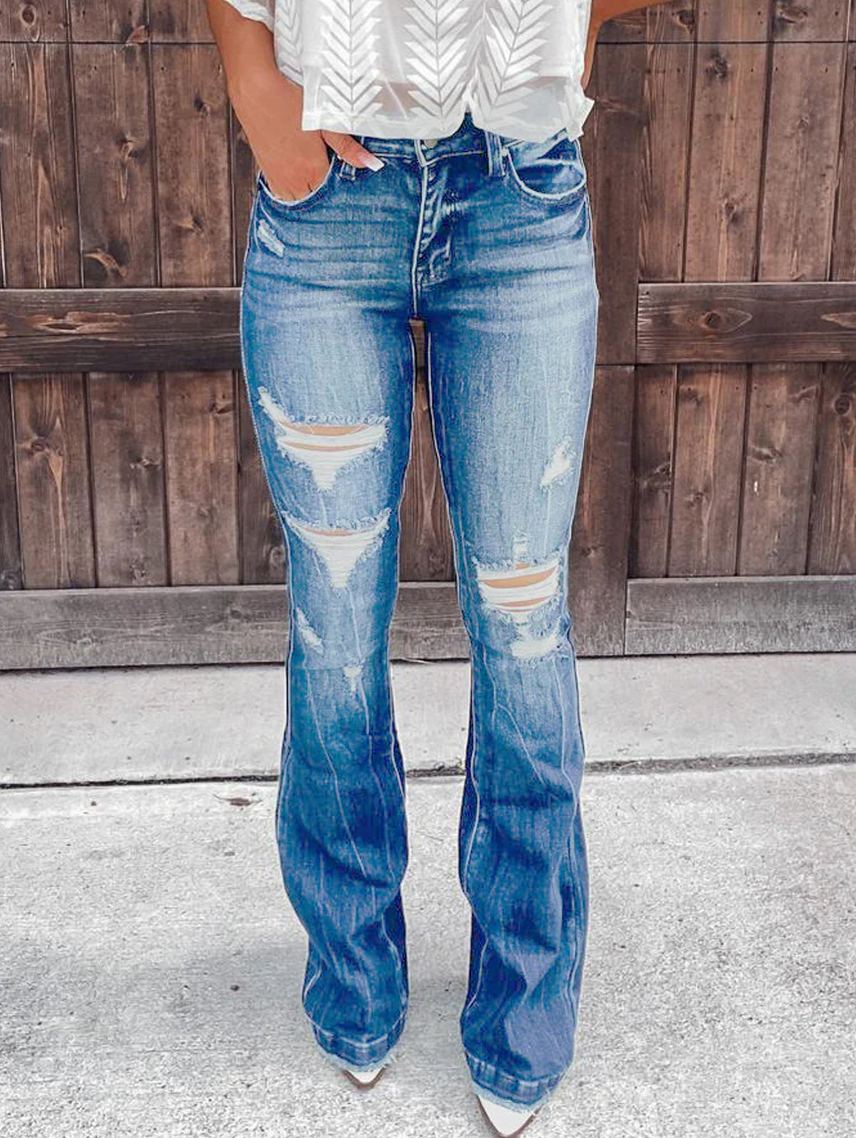 Casual Plain Ripped Flare Leg Skinny Jeans