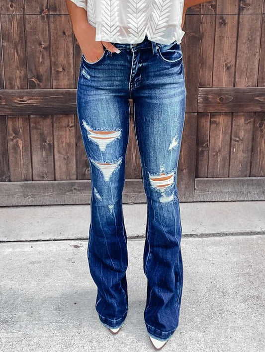 Casual Plain Ripped Flare Leg Skinny Jeans