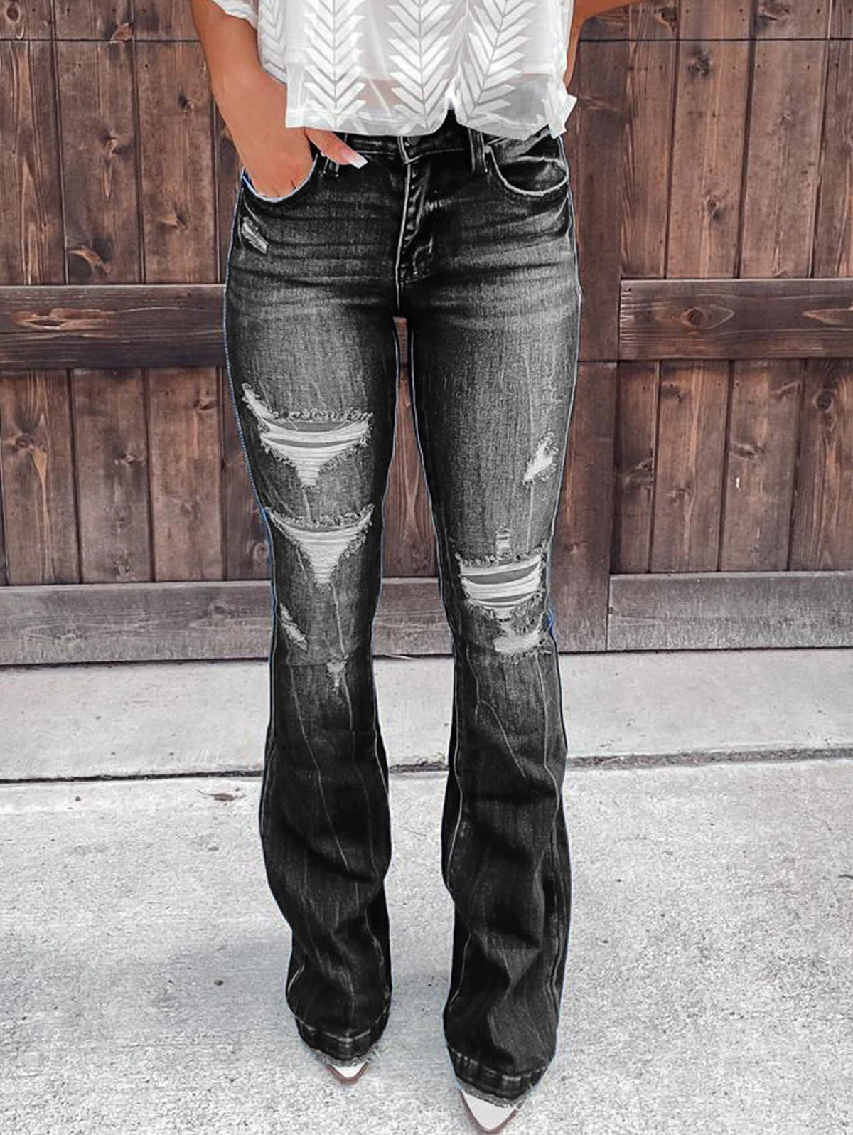 Casual Plain Ripped Flare Leg Skinny Jeans