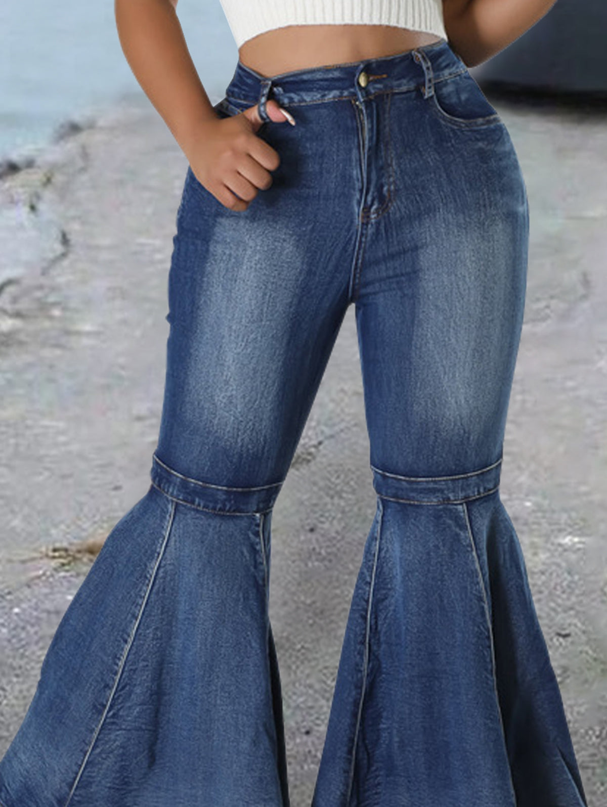 Fashion Plain Spliced Flare Leg Slim Fit Stretch Jeans