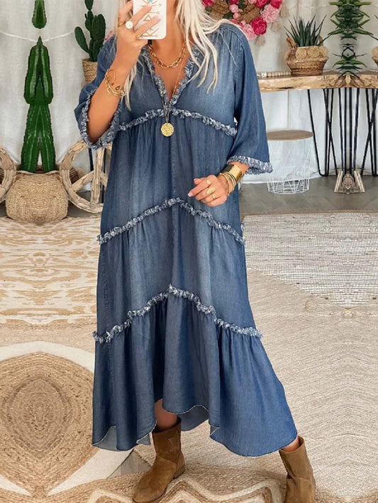 Casual Plain V Neck Light Washed Fringed Hi-Low Denim Dress