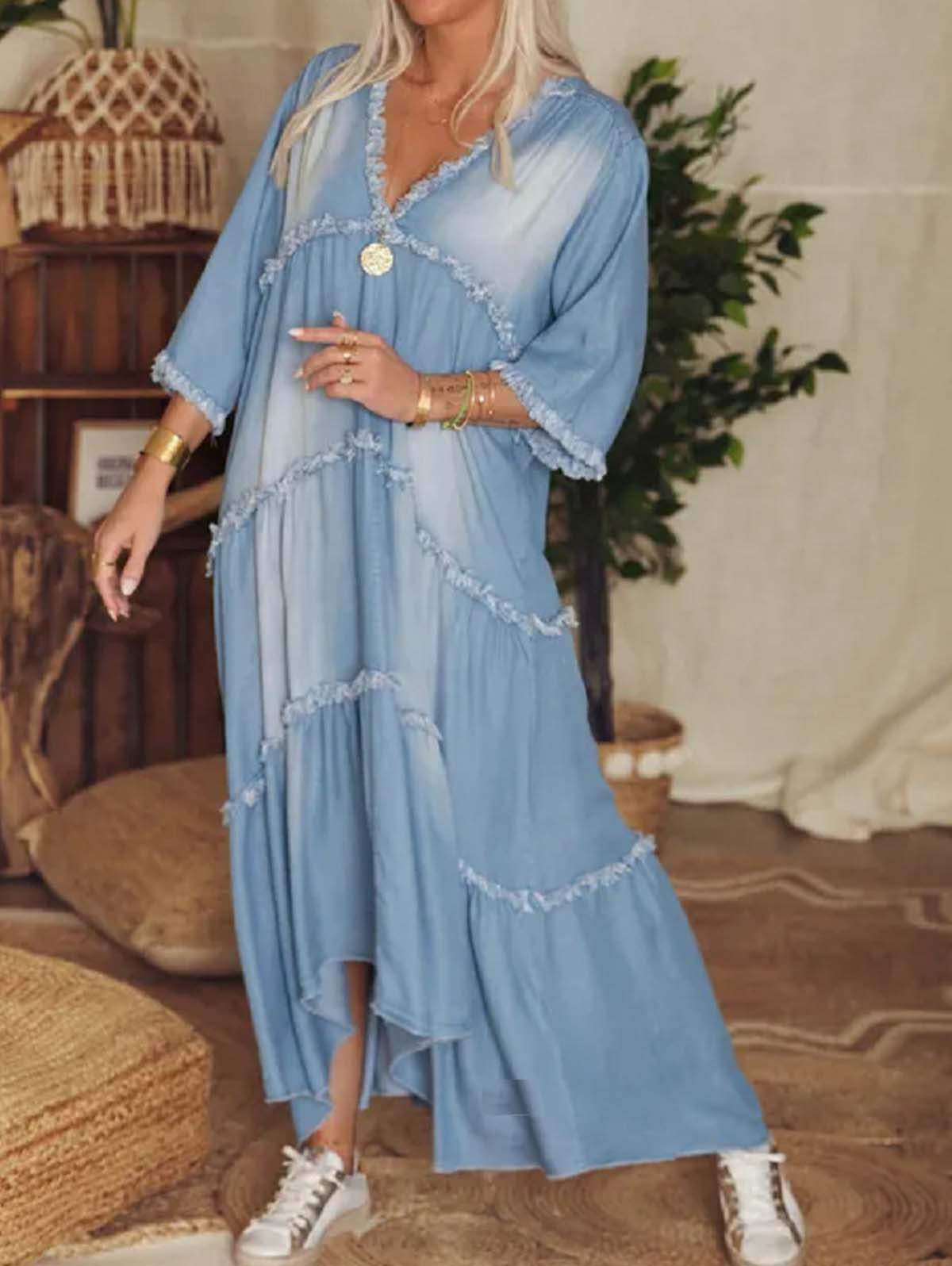 Casual Plain V Neck Light Washed Fringed Hi-Low Denim Dress