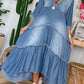 Casual Plain V Neck Light Washed Fringed Hi-Low Denim Dress
