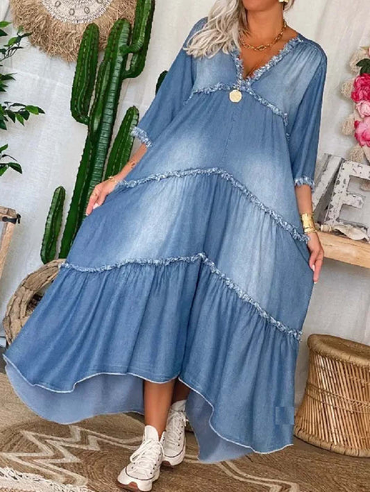 Casual Plain V Neck Light Washed Fringed Hi-Low Denim Dress