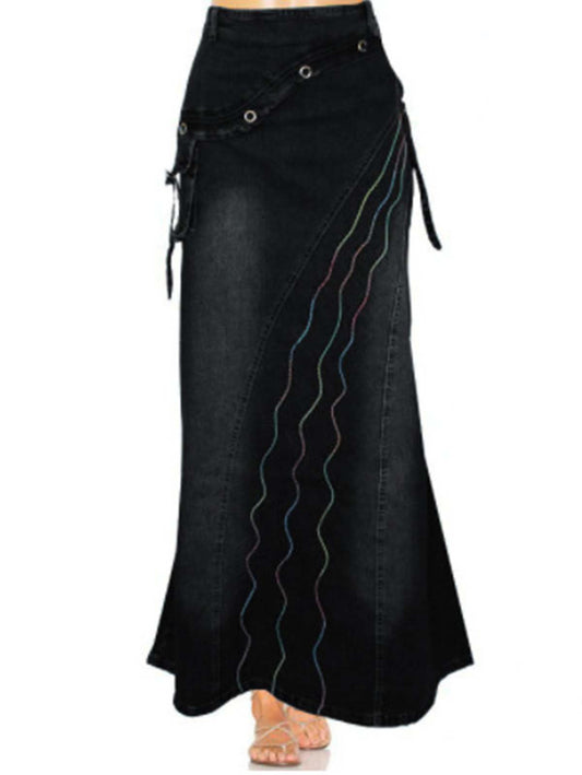 Retro Plain Spliced Mermaid Hem Denim Skirt