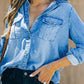 Casual Plain Lapel Collar Long Sleeve Loose Denim Shirt
