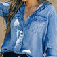 Casual Plain Lapel Collar Long Sleeve Loose Denim Shirt