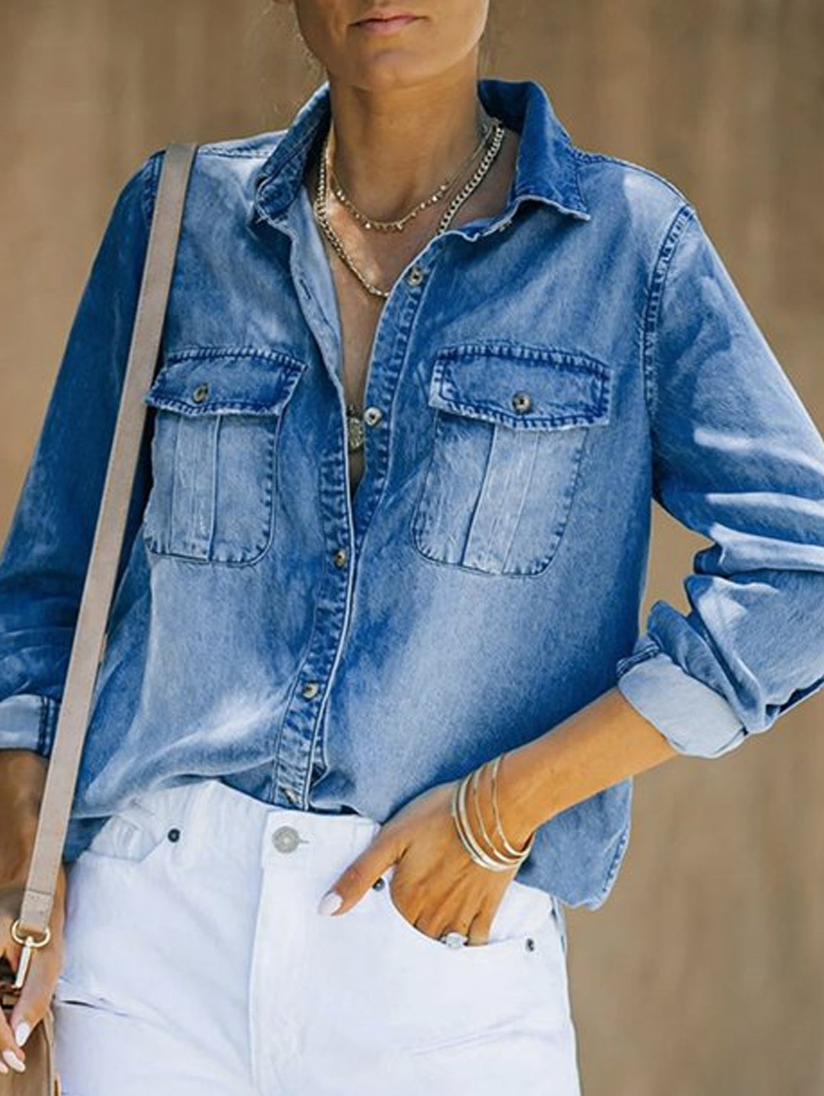 Casual Plain Lapel Collar Long Sleeve Loose Denim Shirt