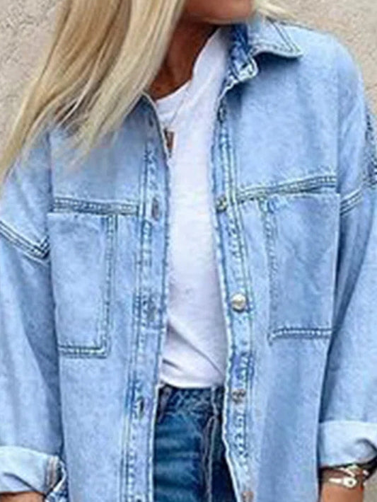 Casual Plain Long Sleeve Denim Cardigan With Pockets