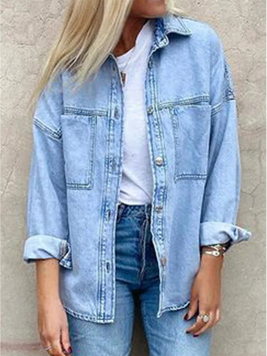 Casual Plain Long Sleeve Denim Cardigan With Pockets