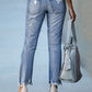 Casual Plain Distressed Ripped Raw Hem Skinny Jeans