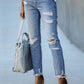Casual Plain Distressed Ripped Raw Hem Skinny Jeans