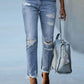 Casual Plain Distressed Ripped Raw Hem Skinny Jeans