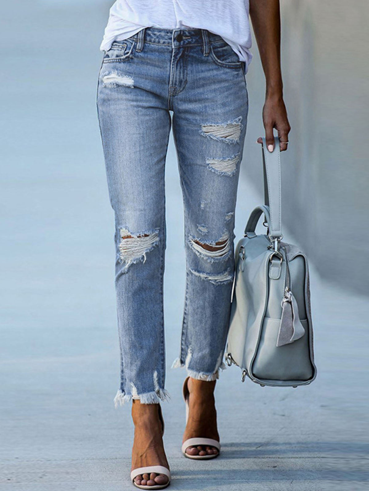 Casual Plain Distressed Ripped Raw Hem Skinny Jeans