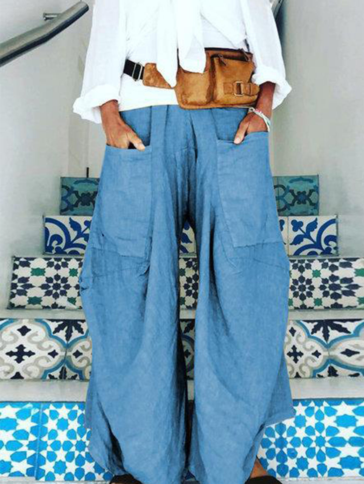 Casual Plain Large Pockets Irregular Wide Leg Pants