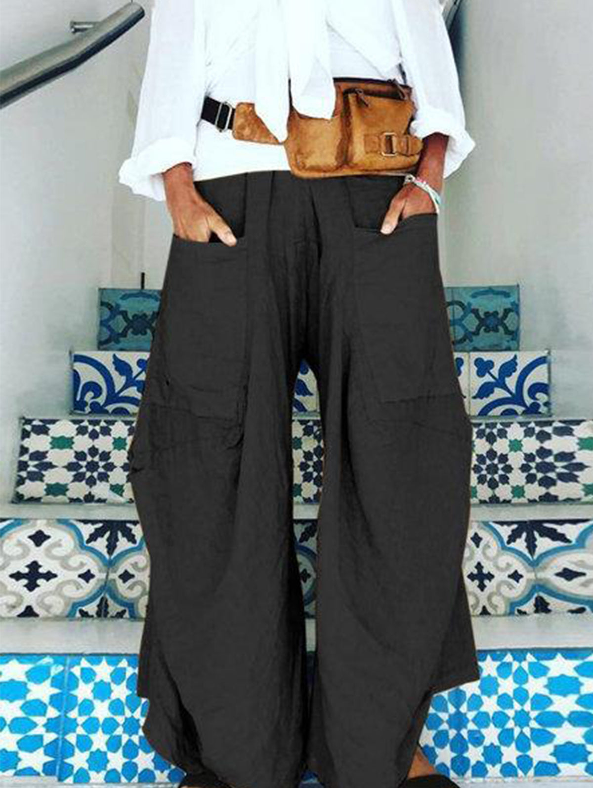 Casual Plain Large Pockets Irregular Wide Leg Pants