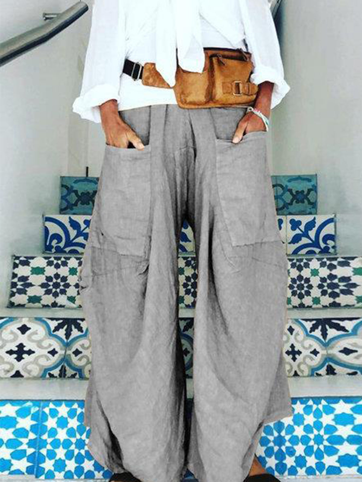 Casual Plain Large Pockets Irregular Wide Leg Pants