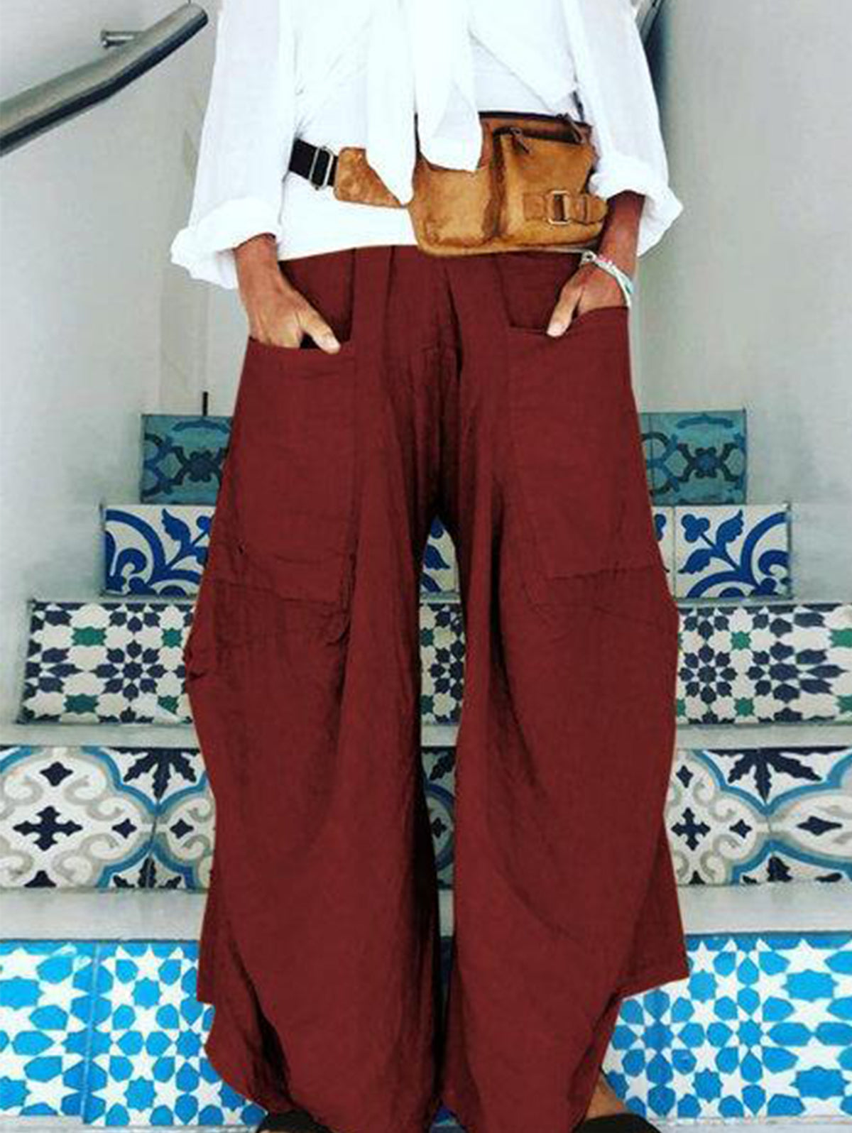 Casual Plain Large Pockets Irregular Wide Leg Pants