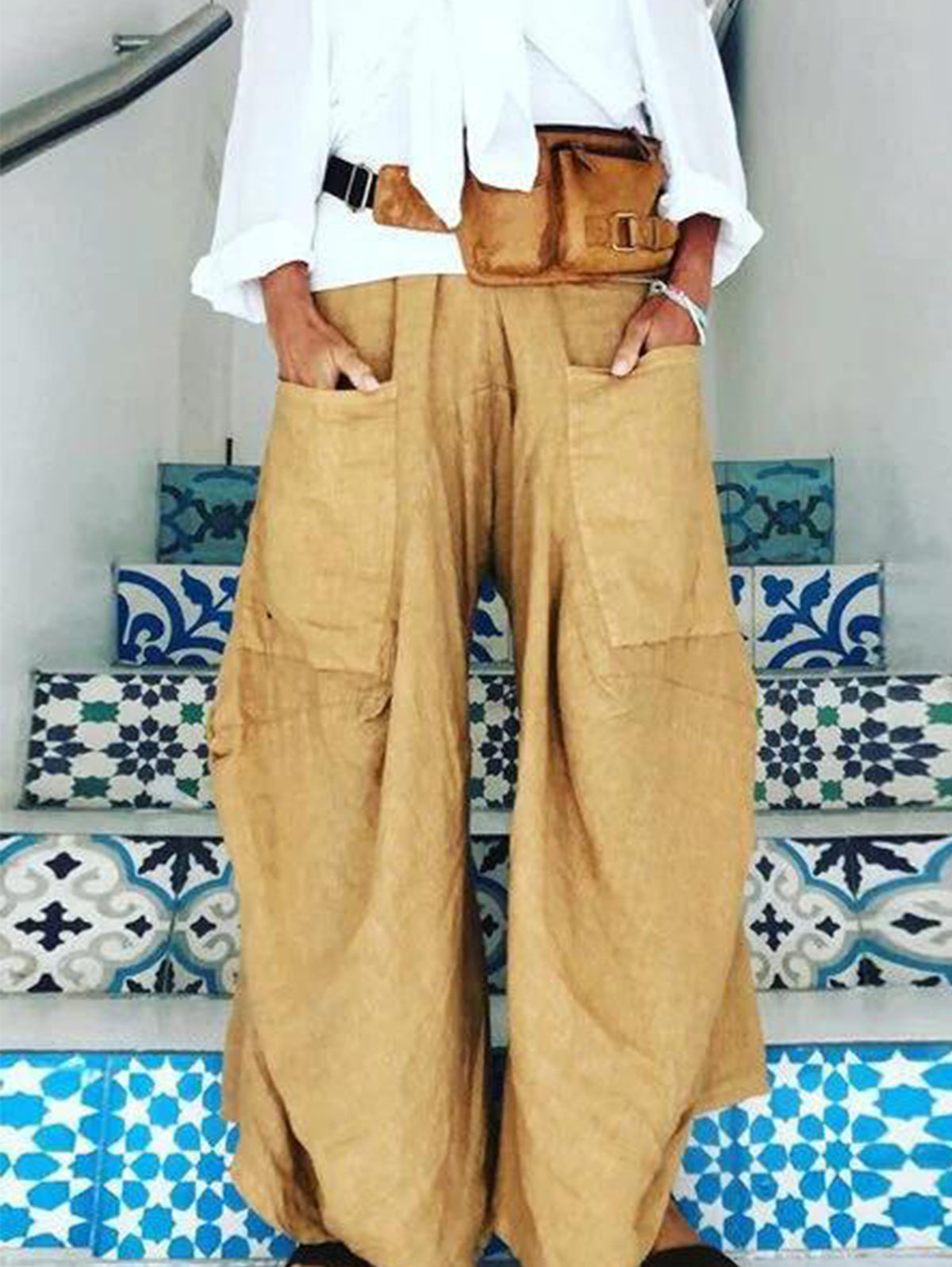 Casual Plain Large Pockets Irregular Wide Leg Pants