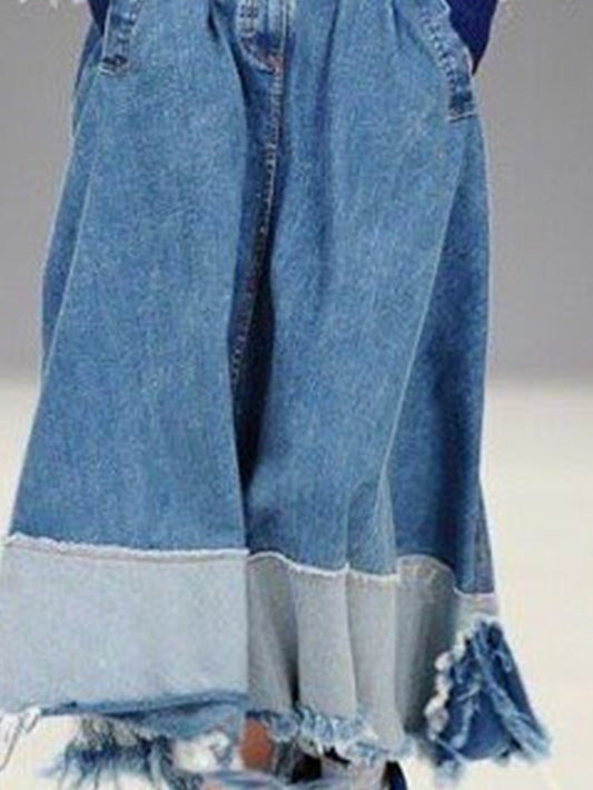 Fashion Spliced Irregular Raw Hem Denim Skirt